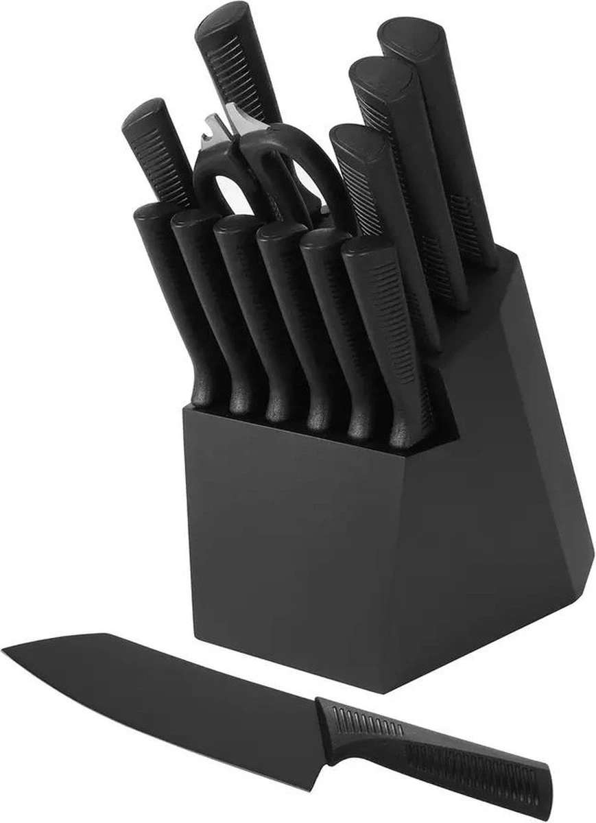 Merkloos Luxe Messenset - Met Houten Blok - 13-Delig - Met Schaar - Zwart/ RVS – Moderne Keukenmessen - Professionele Koksmessen 3 Merkloos Luxe Messenset - Met Houten Blok - 13-Delig - Met Schaar - Zwart/ RVS – Moderne Keukenmessen - Professionele Koksmessen