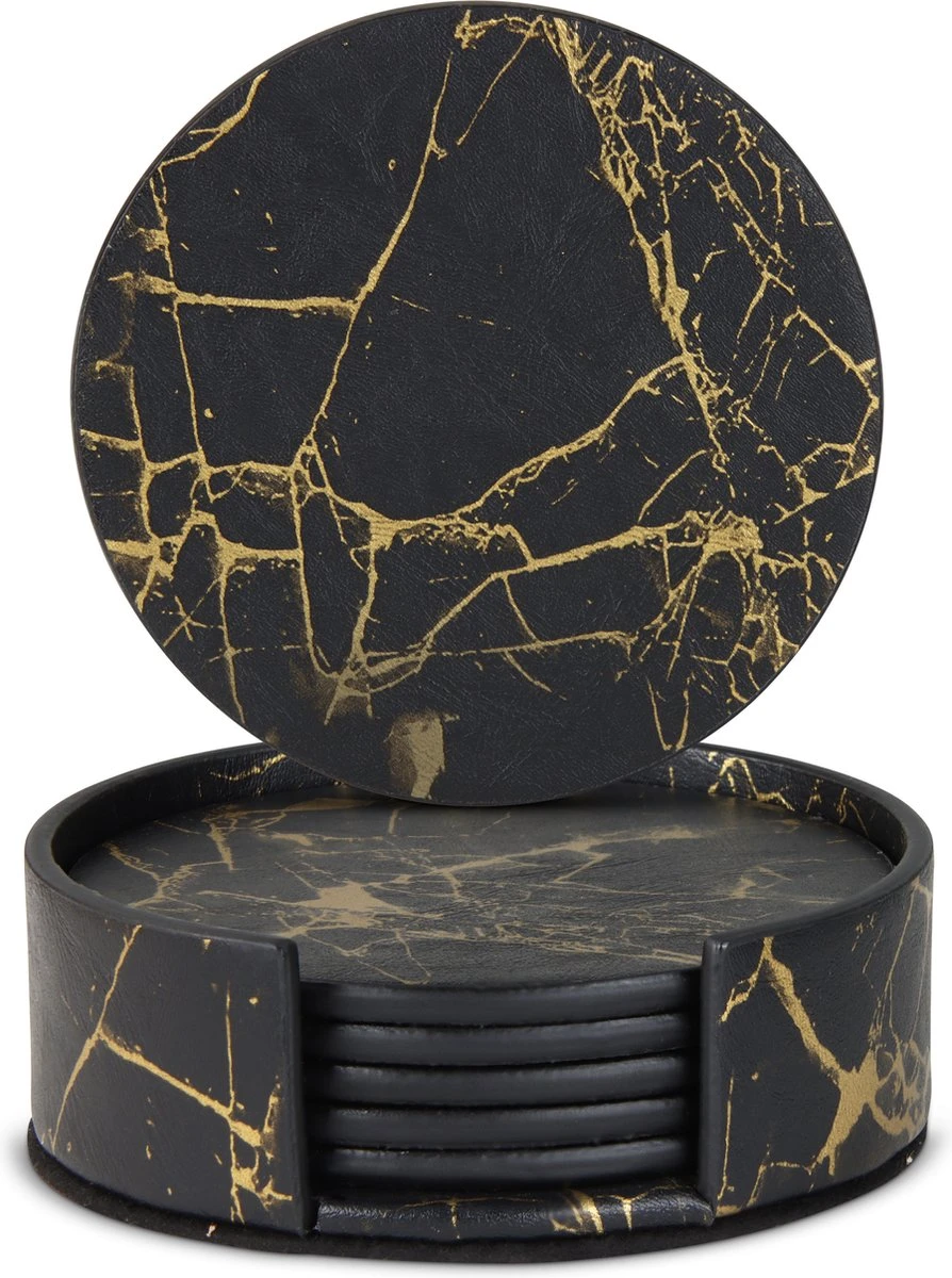 Castagnola Lederen Onderzetters Met Houder – Onderzetters Voor Glazen – Onderzetters Design – Onderzettersset – Drink Onderzetters – Leder – Leren Onderzetters – Set Van 6 – Zwart/Goud 4 Castagnola Lederen Onderzetters Met Houder – Onderzetters Voor Glazen – Onderzetters Design – Onderzettersset – Drink Onderzetters – Leder – Leren Onderzetters – Set Van 6 – Zwart/Goud - Afbeelding 2