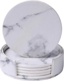 Onderzetters Voor Glazen Met Houder Swissl - Wit - Kunstleer - Marmeren Uitstraling 6 Stuks - Onderleggers