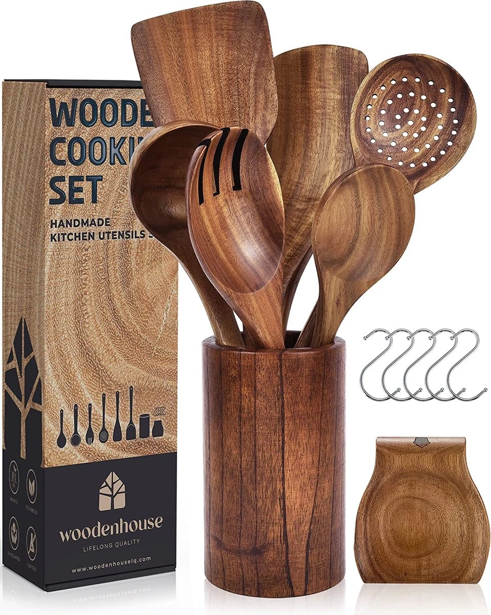 Houten Kookbestekset Met Houder, Spatel, Kooklepel, Pollepel, Pastaschep, Opscheplepel, Vergiet - Met Haak, Houder En Plank - 13-delige Set Keukenset - Hoogwaardig & Duurzaam 3 Houten Kookbestekset Met Houder, Spatel, Kooklepel, Pollepel, Pastaschep, Opscheplepel, Vergiet - Met Haak, Houder En Plank - 13-delige Set Keukenset - Hoogwaardig & Duurzaam