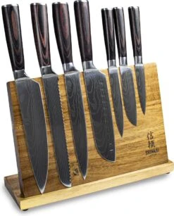 Shinrai Japan - Messenset Met Blok – 7 Delig – Messensetblok – Mes – Koksmes - Japanse Damascus Print - Met Luxe Geschenkdoos -Skimask 966x1200