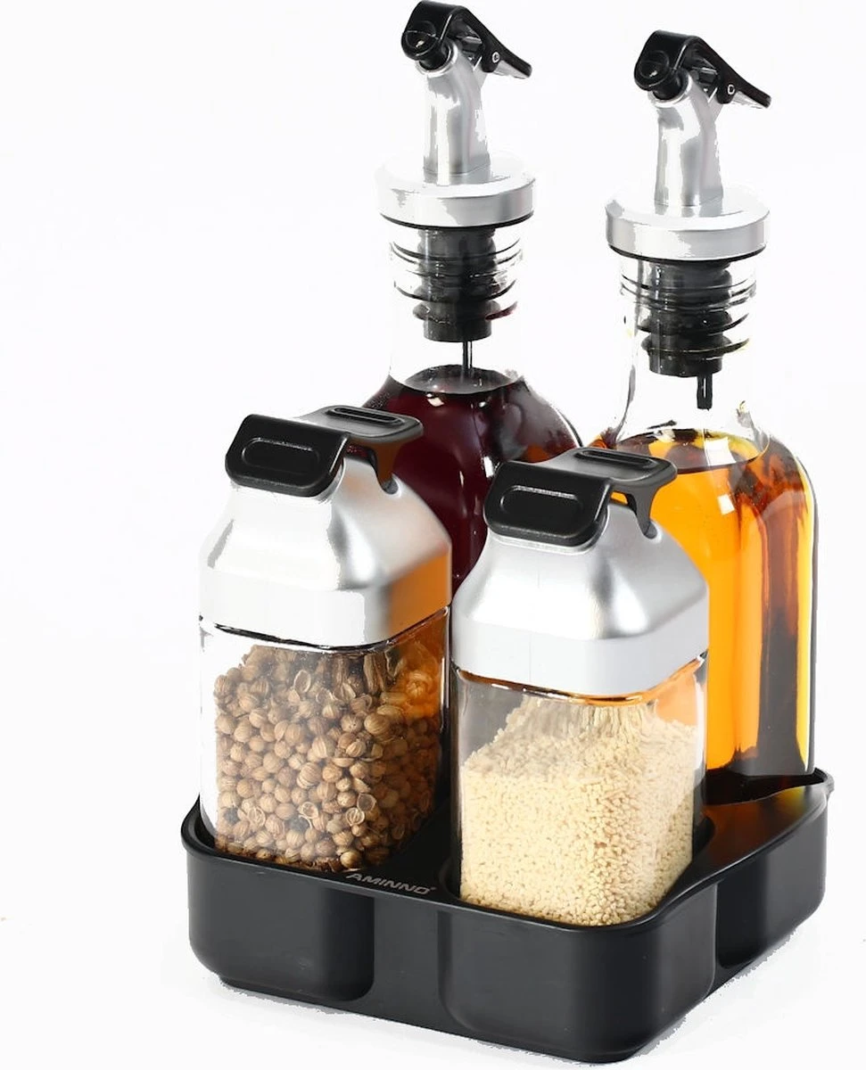 Merkloos Decopatent® Olie En Azijnstel SET Met RVS Schenktuit In Houder - Inhoud 1x Oliefles 1x Azijnfles Van Glas & 2x Specerijen Potjes 4 Merkloos Decopatent® Olie En Azijnstel SET Met RVS Schenktuit In Houder - Inhoud 1x Oliefles 1x Azijnfles Van Glas & 2x Specerijen Potjes - Afbeelding 2