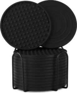 Castagnola Siliconen Onderzetters Met Houder – Onderzetters Voor Glazen – Onderzetters Design – Onderzettersset – Drink Onderzetters – Hoogwaardige Siliconen – Set Van 14 – Zwart